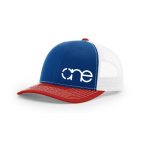 One, Royal, White and Red Trucker Hat by Richardson