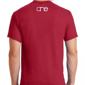 Men's Red short sleeve "Jesus Answered" Christian Tee Shirt in White, back.