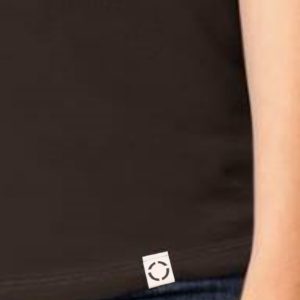 Ladies Brown One shirt with woven label close up.