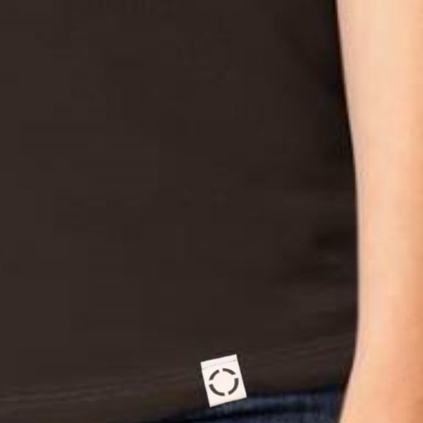 Ladies Brown One shirt with woven label close up.