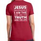 Ladies Red short sleeve shirt with the verse, Jesus answered, 