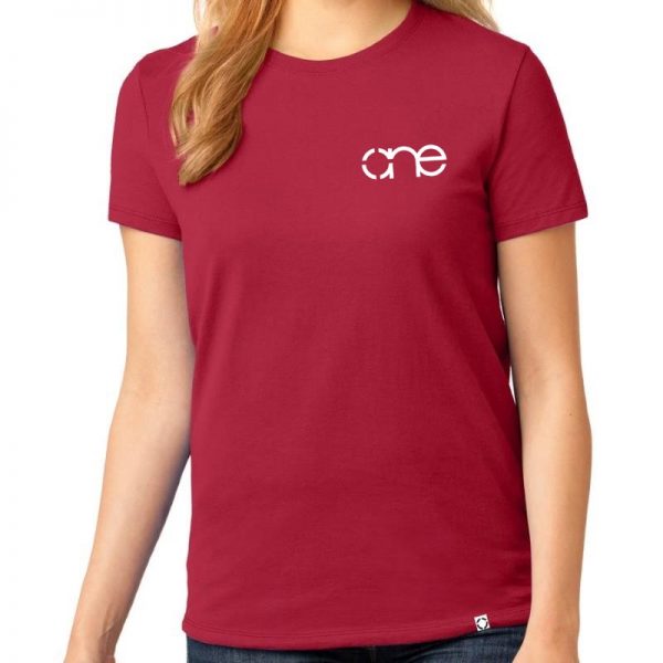 Ladies Red short sleeve shirt with the One logo in White, on the left side of the chest. Ladies Red short sleeve shirt with the One logo in White, on the left side of the chest.