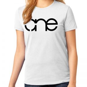 Ladies White short sleeve "One" Christian Tee Shirt in Black.