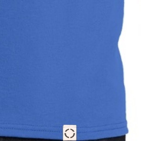 Royal Blue One shirt with woven label close up.