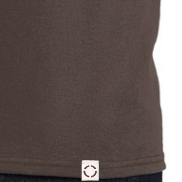 Brown One shirt with woven label close up.