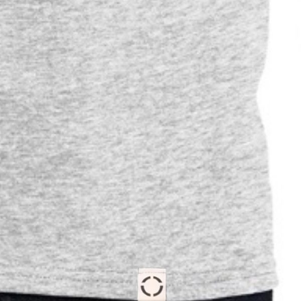 Heather Ash Grey One shirt with woven label close up.