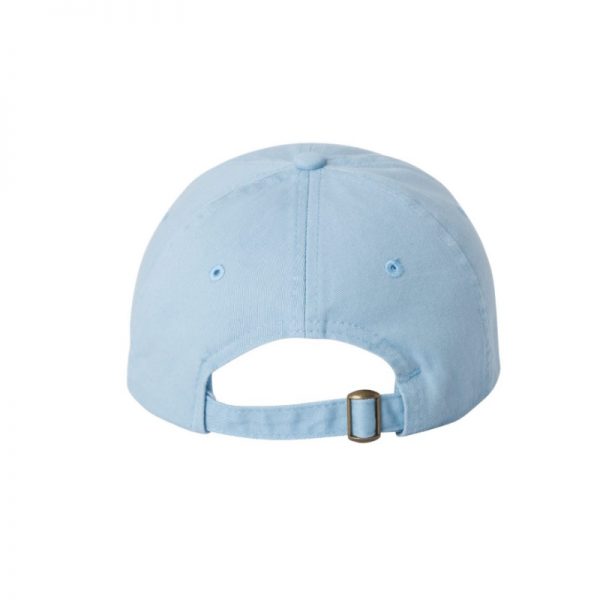 Baby Blue "One" Dad Cap with White logo, adjustable with belt and buckle closure. Rear of cap.