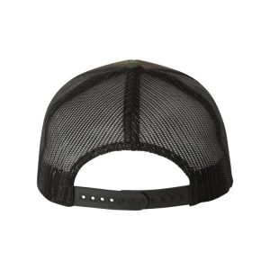 Camo and Black "One" Trucker Hat with White logo, snapback, rear view.