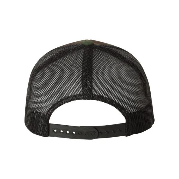Camo and Black "One" Trucker Hat with White logo, snapback, rear view.