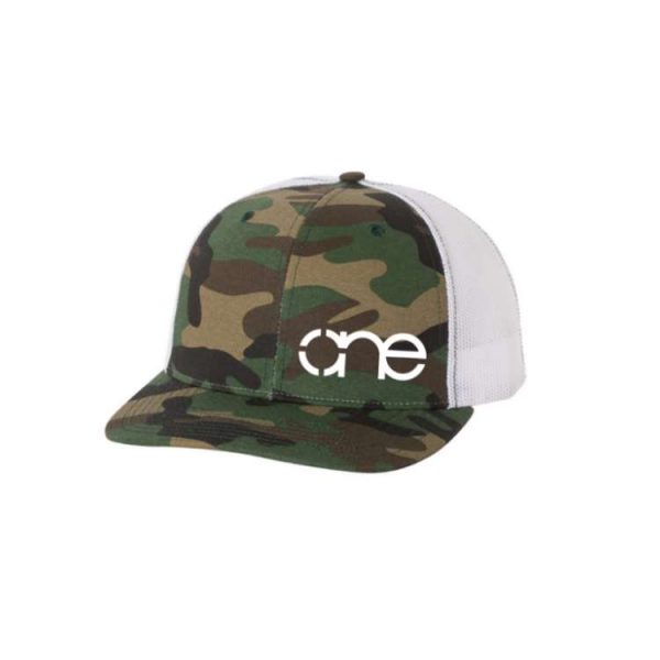 Camo and White “One” Trucker Hat with White logo, snapback. Camo and White "One" Trucker Hat with White logo, snapback.