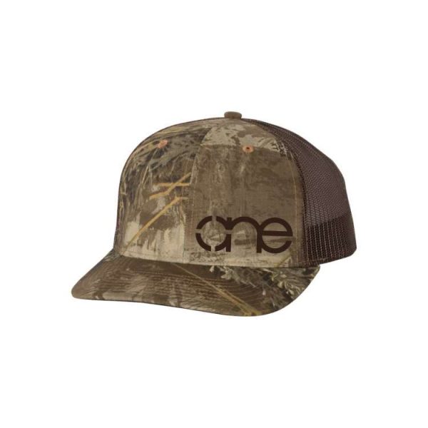 RealTree Max-1 and Brown "One" Trucker Hat with Brown logo, snapback. RealTree Max-1 and Brown "One" Trucker Hat with Brown logo, snapback.