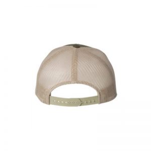 Olive and Khaki "One" Trucker Hat with Khaki logo, Yupoong Classics snapback, rear view.