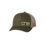 Olive and Khaki "One" Trucker Hat with Khaki logo, Yupoong Classics snapback.