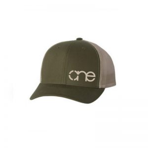 Olive and Khaki "One" Trucker Hat with Khaki logo, Yupoong Classics snapback.