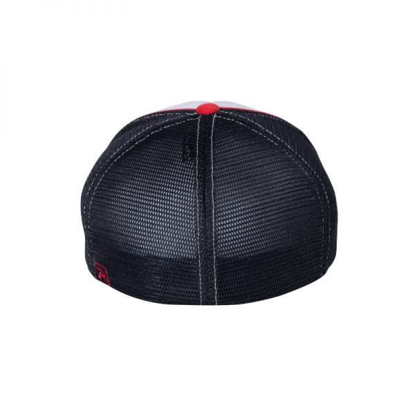 White, Navy Blue and Red R-Active Flexfit Cap with Red One logo with Navy Blue outline, back of the hat.