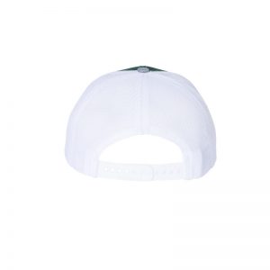 Dark Green, White and Heather Grey "One" Trucker Hat showing back with snapback.