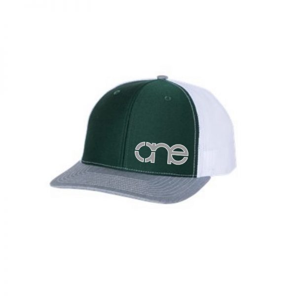 Dark Green, White and Heather Grey "One" Trucker Hat with Grey and White logo, snapback. Dark Green, White and Heather Grey "One" Trucker Hat with Grey and White logo, snapback.
