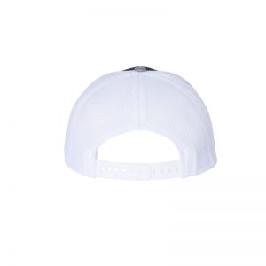 Navy Blue, White and Heather Grey "One" Trucker Hat showing back with snapback.