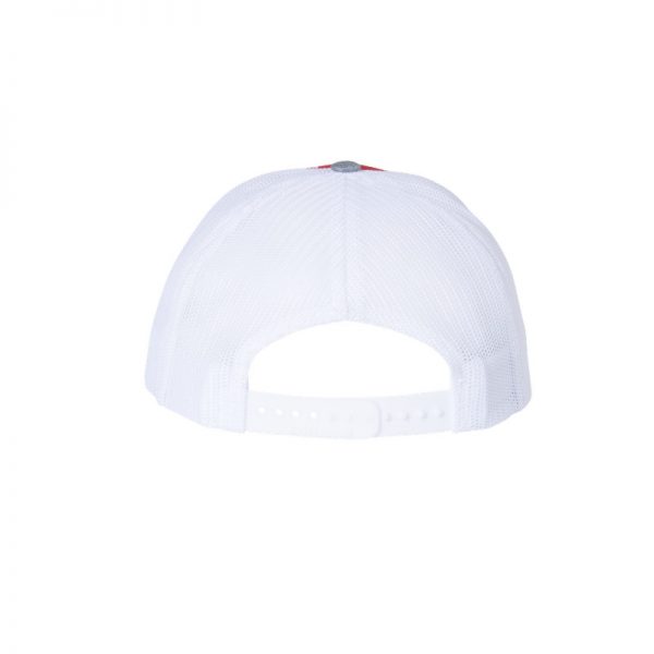 Red, White and Heather Grey "One" Trucker Hat showing back with snapback.