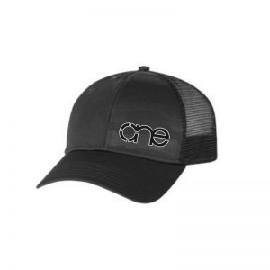 Black, "One" Trucker Hat with USA Flag Embossed in cap. Black embroidery of the One logo with a White outline, snapback.
