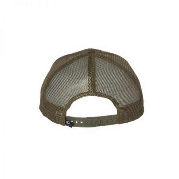 Olive, "One" Trucker Hat with USA Flag Embossed in cap. Black embroidery of the One logo, view of snapback.