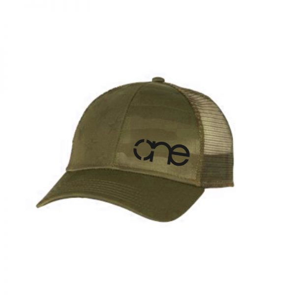 Olive, "One" Trucker Hat with USA Flag Embossed in cap. Black embroidery of the One logo, snapback.
