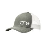 Heather Grey "One" Trucker Hat with White logo, snapback, front view.