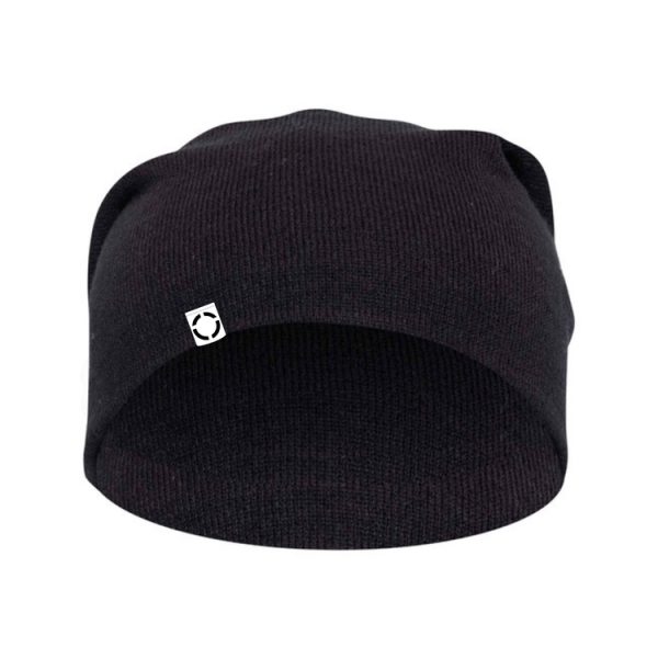 Black One Way Truth Life Slouch Beanie with Woven Label, Front View.