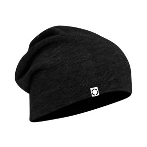 Black One Way Truth Life Slouch Beanie with Woven Label, Side View.