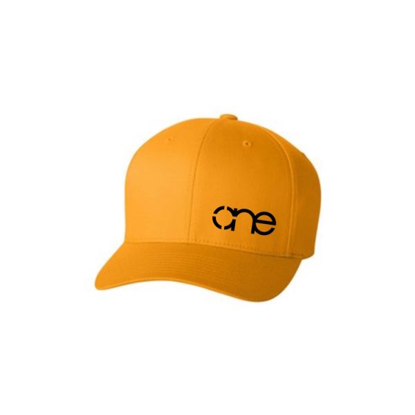 Gold Flexfit Cap with Black One logo, side-front view. Gold Flexfit Cap with Black One logo, side-front view.
