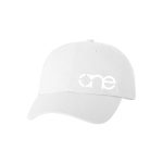One, White, Dad Cap with White logo, adjustable with belt and buckle closure. Front view.