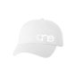 One, White, Dad Cap with White logo, adjustable with belt and buckle closure. Front view.