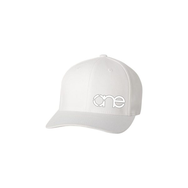 White Flexfit Cap with Grey One logo, side-front view. White Flexfit Cap with Grey One logo, side-front view.