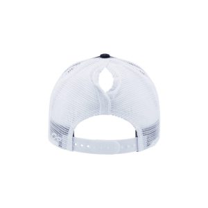 Black and White "One" Trucker Hat with White logo, snapback with ponytail opening, rear of cap.