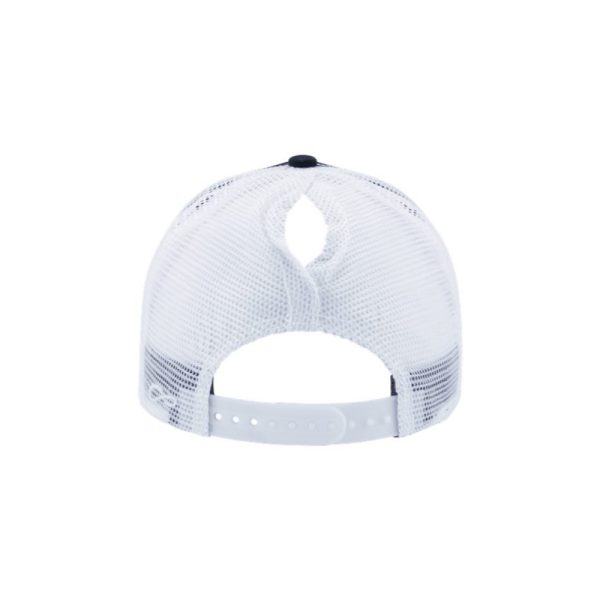 Black and White "One" Trucker Hat with White logo, snapback with ponytail opening, rear of cap.