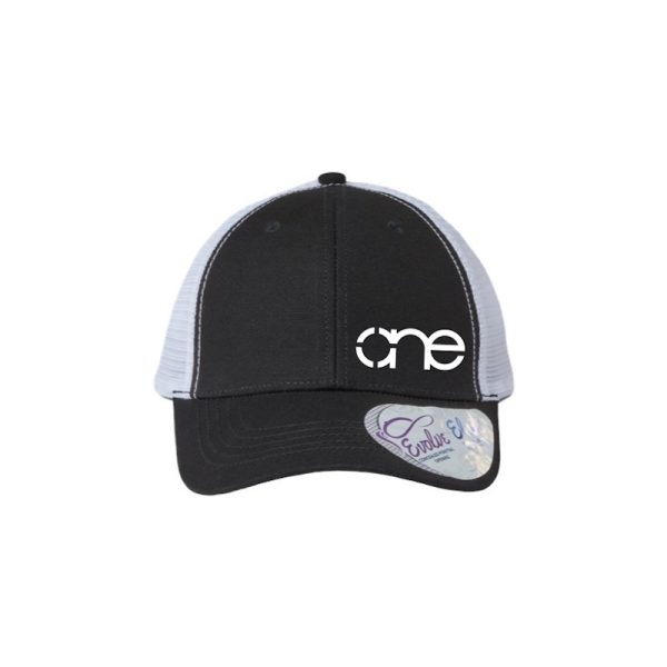 Black and White "One" Trucker Hat with White logo, snapback with ponytail opening. Black and White "One" Trucker Hat with White logo, snapback with ponytail opening.