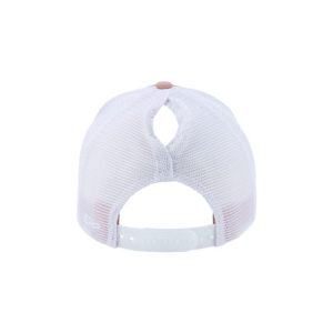 Dusty Rose and White "One" Trucker Hat with White logo, snapback with ponytail opening, rear of cap.