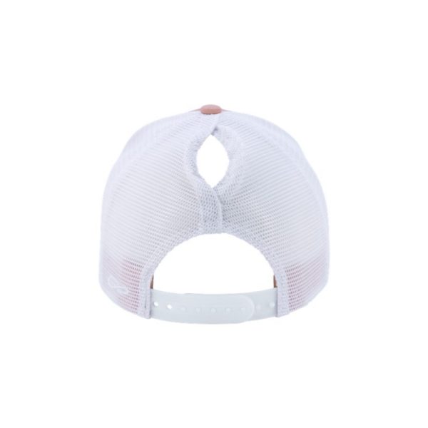 Dusty Rose and White "One" Trucker Hat with White logo, snapback with ponytail opening, rear of cap.