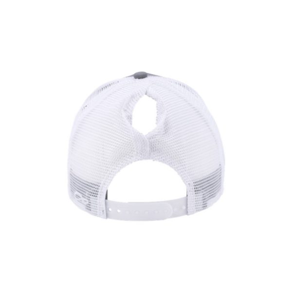 Grey and White "One" Trucker Hat with White logo, snapback with ponytail opening, rear of cap.