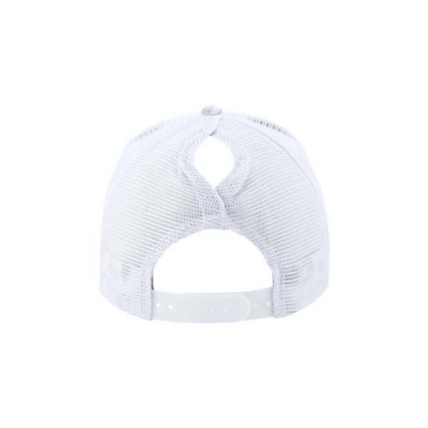 Snow Leopard and White "One" Trucker Hat with White logo, snapback with ponytail opening, rear of cap.