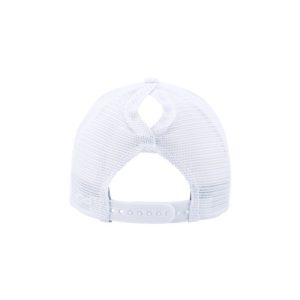 White and White "One" Trucker Hat with White logo, snapback with ponytail opening, rear of cap.