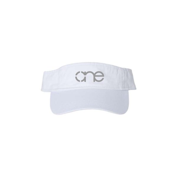 White "One" Visor with White logo, hook & loop closure.