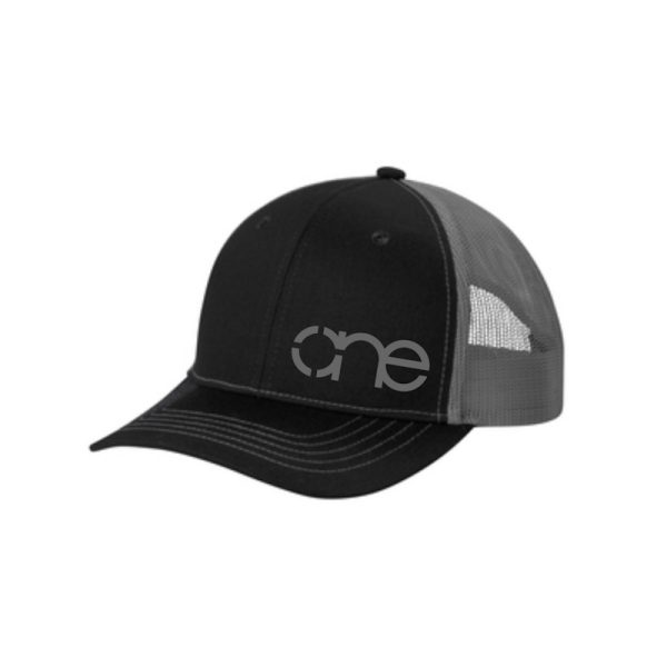 Black and Grey Steel Youth "One" Trucker Hat with White logo, snapback.