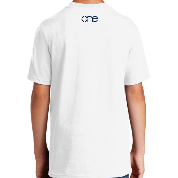 Youth White short sleeve "One" Christian tee shirt with One logo on back.