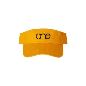 Gold "One" Visor with Black logo, hook & loop closure.