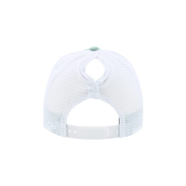Seafoam and White "One" Trucker Hat with White logo, snapback with ponytail opening, rear of cap.