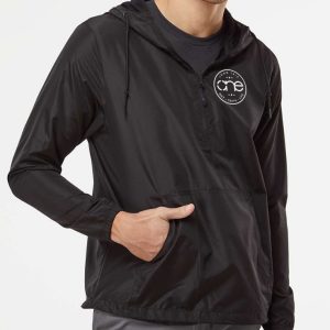 Men's, Black One Circular Christian 1/4 Zip Windbreaker, front.
