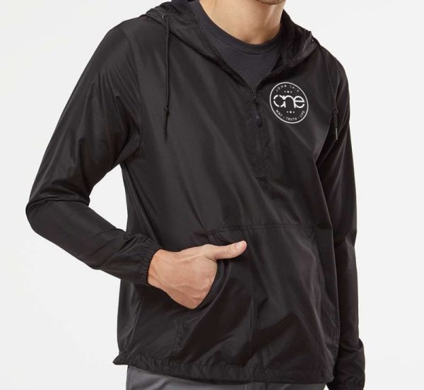 Men's, Black One Circular Christian 1/4 Zip Windbreaker, front.