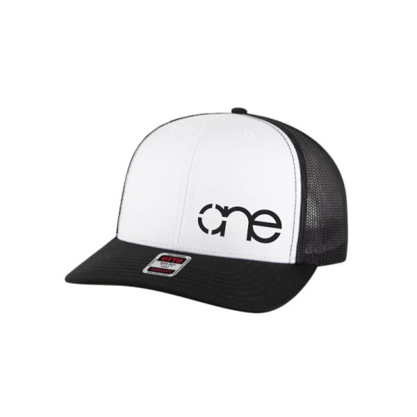 Black, White and Black "One" Trucker Hat with Black logo, snapback, front side view. Black, White and Black "One" Trucker Hat with Black logo, snapback, front side view.