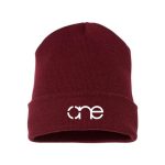Maroon cuffed beanie with white One logo.